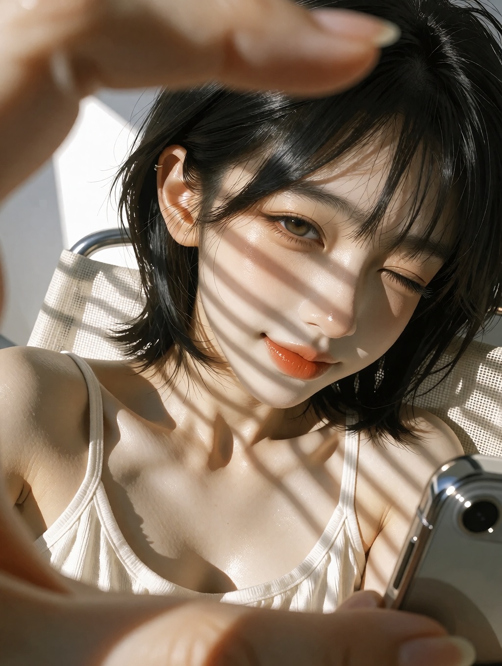 "subject": "description": "A cute young East Asian woman in her early 20s with fair skin and short black bob,  lying down...