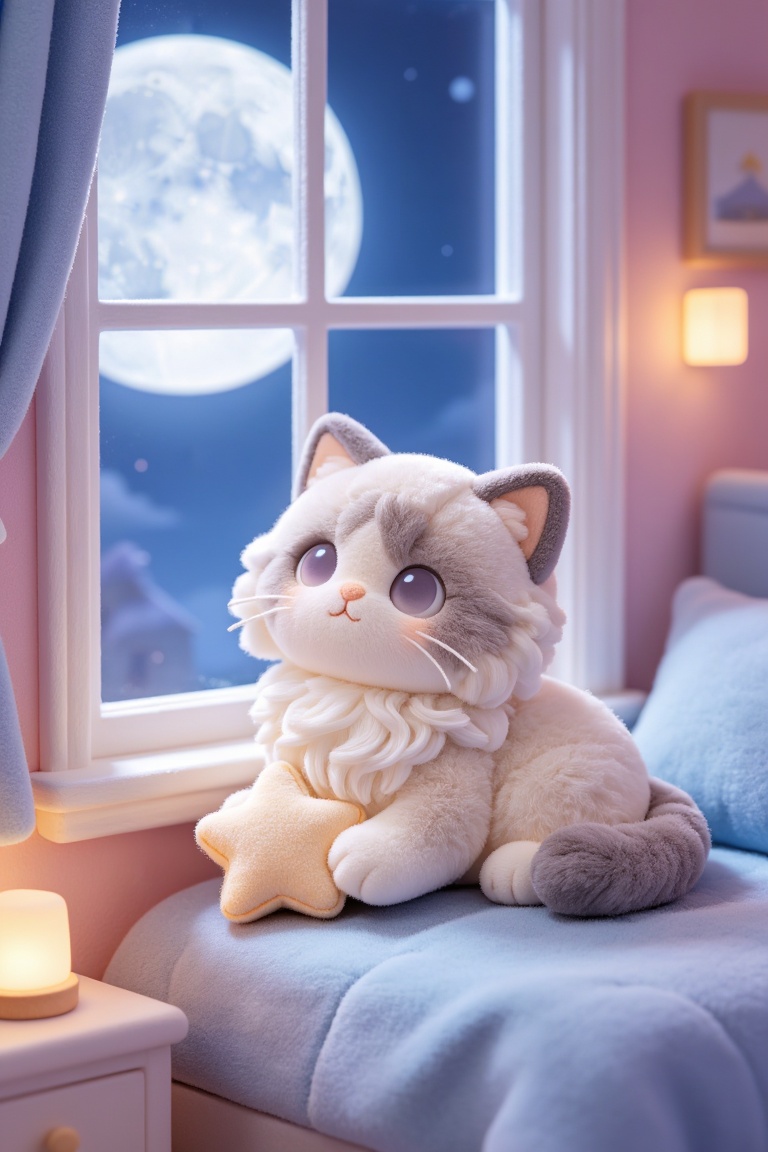 3D毛绒质感,  蓬松长毛布偶猫,  奶白浅灰色块毛发 by 6666666666666666 on Tensor.Art