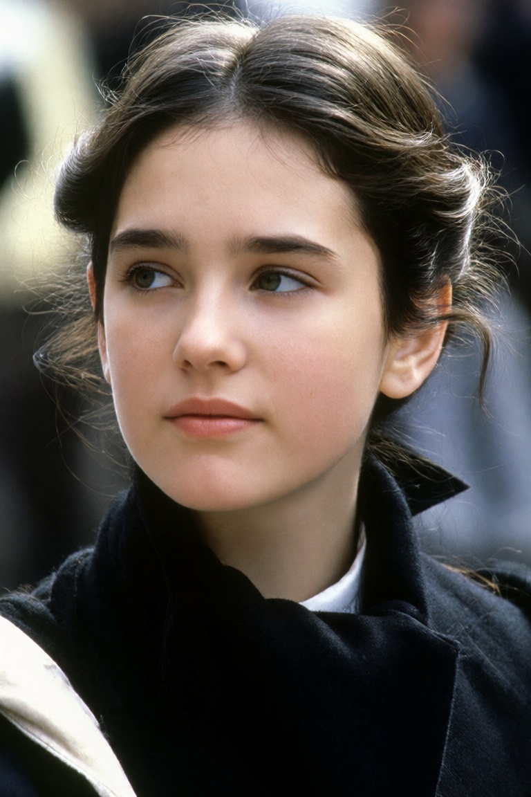 a young woman with a soft,  contemplative expression gazes slightly to the side,  her face framed by dark brown hair style...