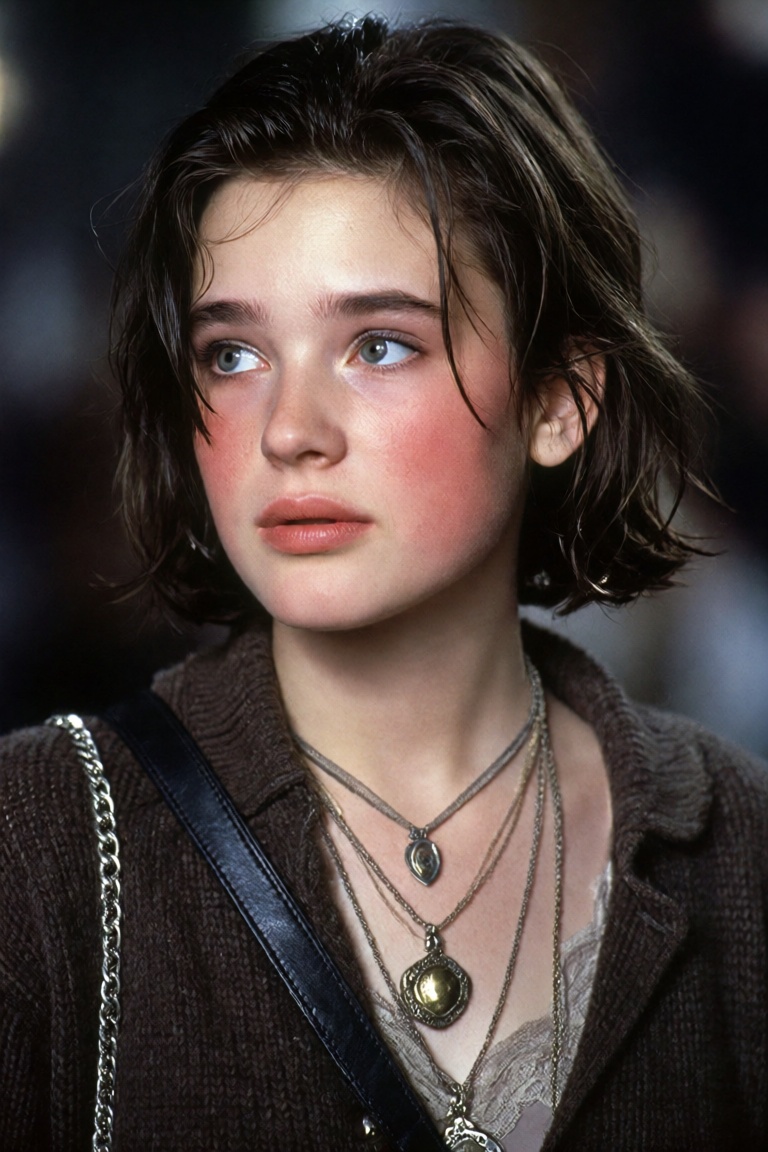 A cinematic film still of a striking young woman featuring the classic facial structure of an 80s All-American Dreamgirl,...