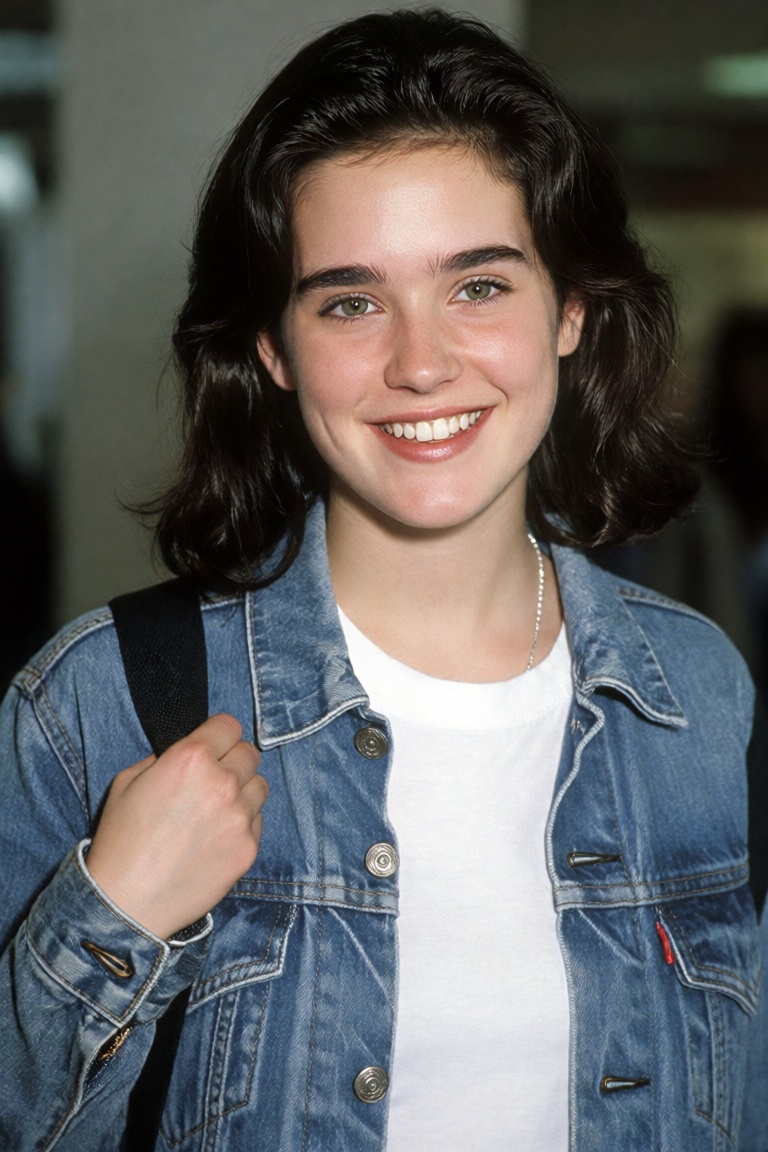 a young woman with shoulder-length dark brown hair styled in soft waves smiles warmly at the camera,  her expression open...