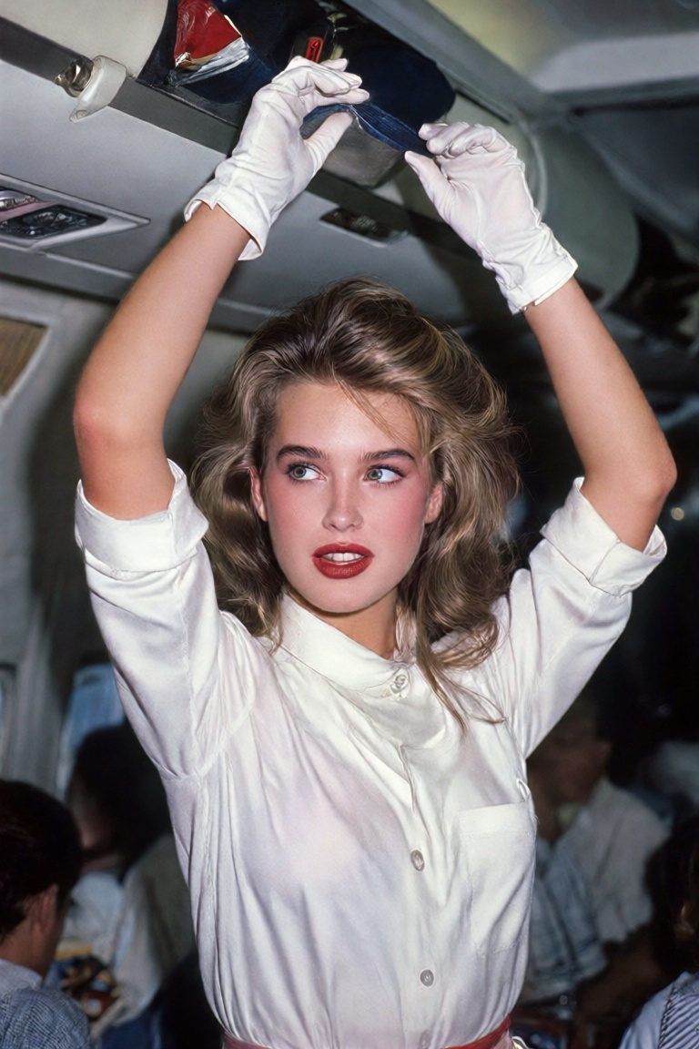 A vintage 1980s photograph of a glamorous 80s All-American Dreamgirl standing in a retro airplane cabin. Both of her arms...