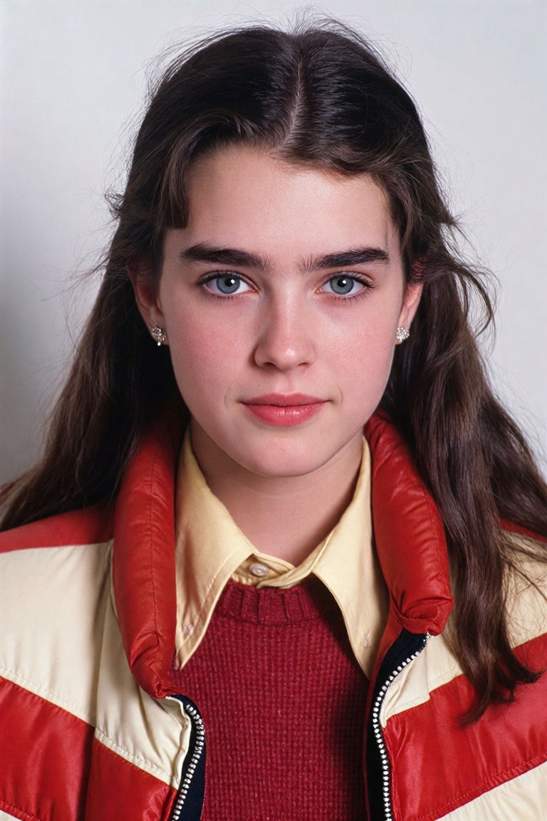 a young woman with long,  dark brown hair parted in the center and styled with soft waves framing her face gazes directly...