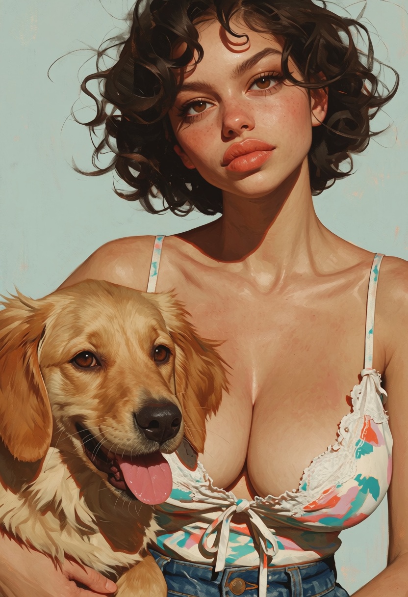 animaport,  ultra realistic digital illustration in the style of Animaport,  featuring a woman with curly brown hair and a...