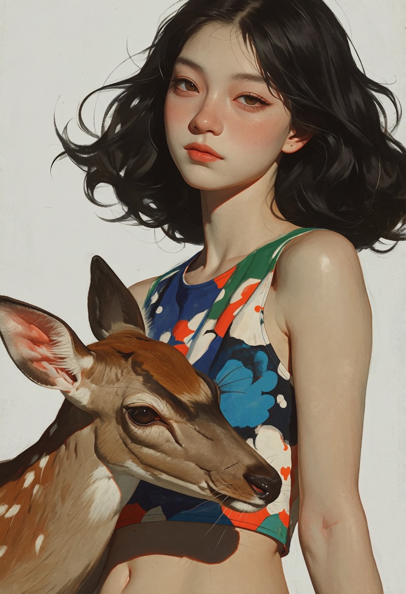 animaport,  Create an ultra-realistic digital painting illustration of an Asian woman with wavy dark hair and a gentle dee...