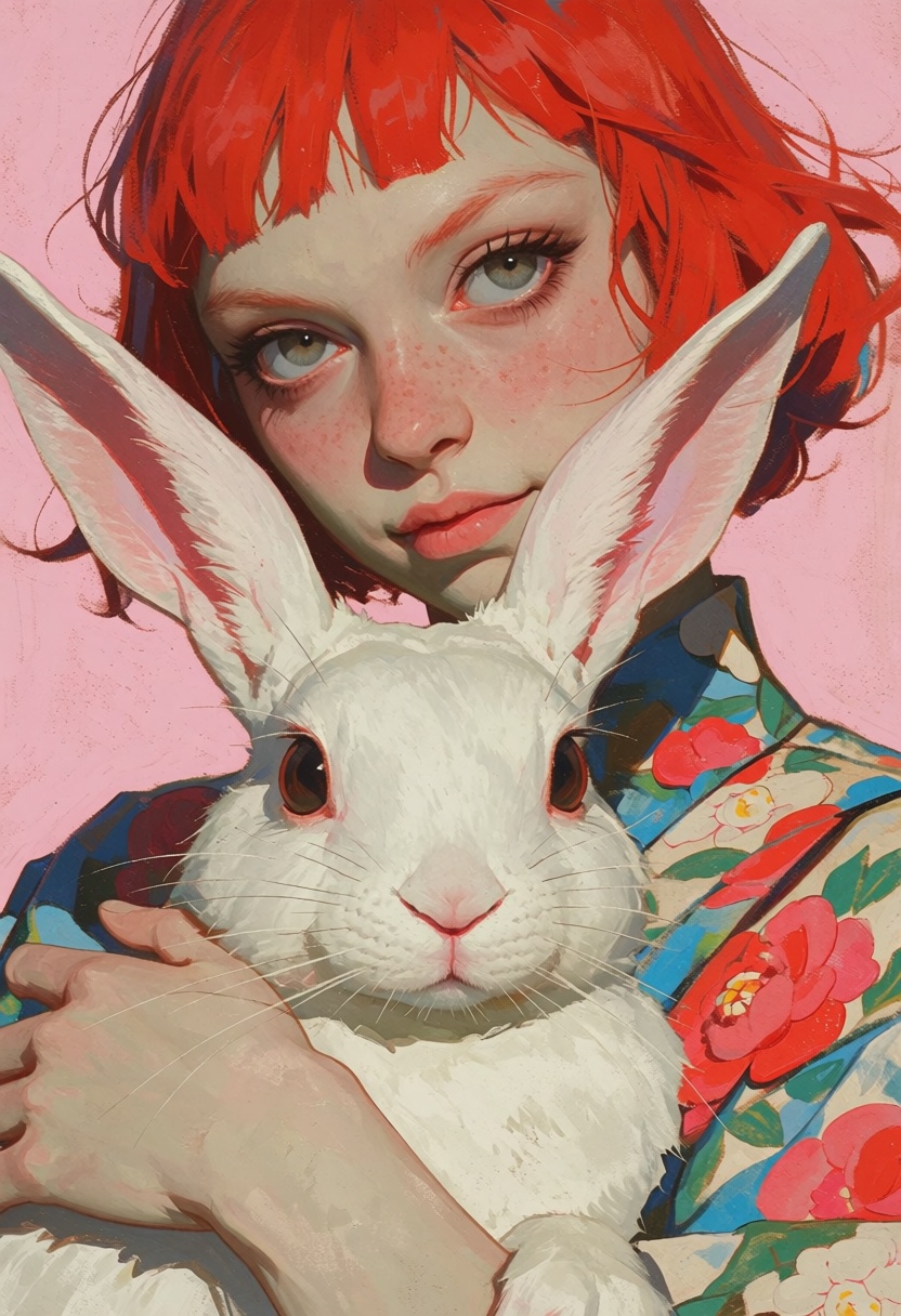 animaport,  portrait of a woman with short red hair and a white rabbit,  against a soft pink background on Tensor.Art