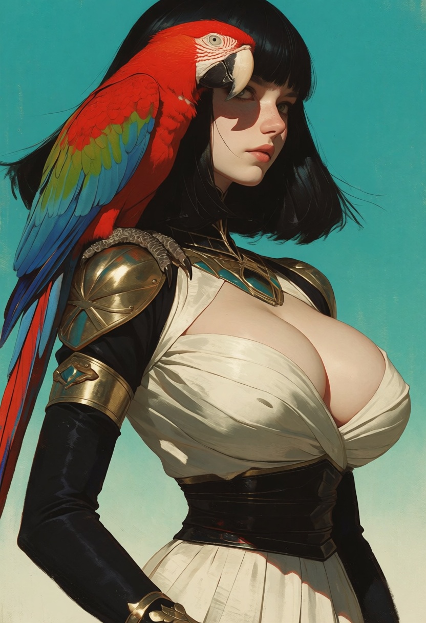animaport,  Create an animaport in realism digital art style featuring a big-breasted woman with sleek black hair,  standi...