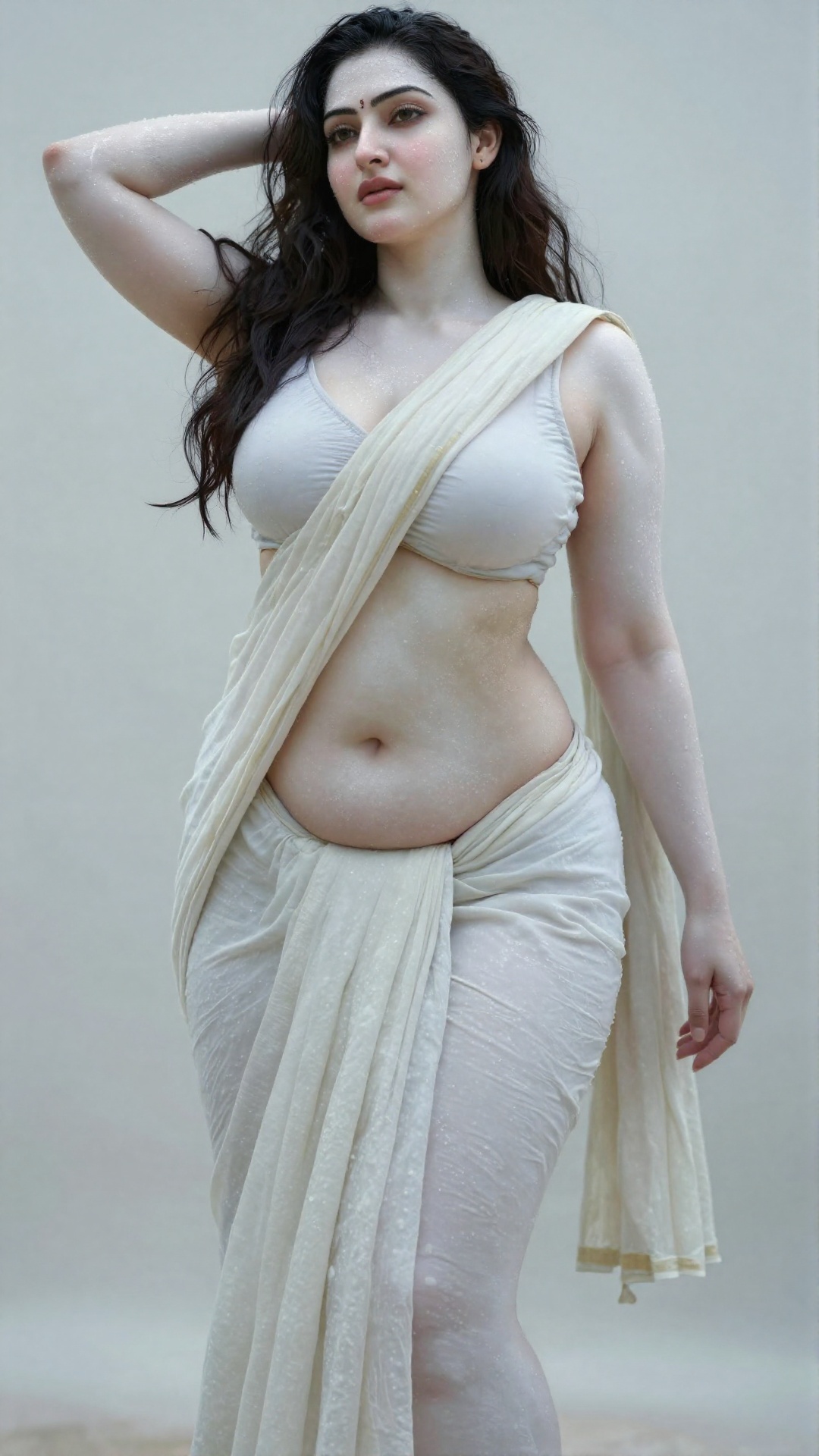 A worm’s-eye low-angle shot captures a young,  slim Mallu woman with extreme wet,  white ivory pale skin on Tensor.Art