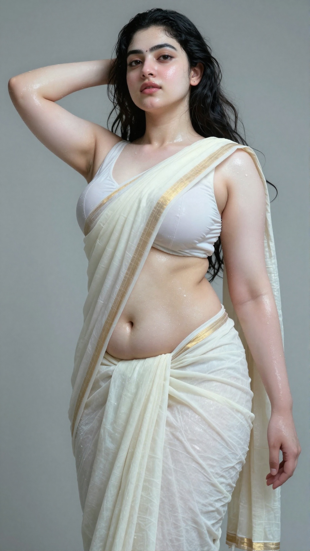 A worm’s-eye low-angle shot captures a young,  slim Mallu woman with extreme wet,  white ivory pale skin on Tensor.Art