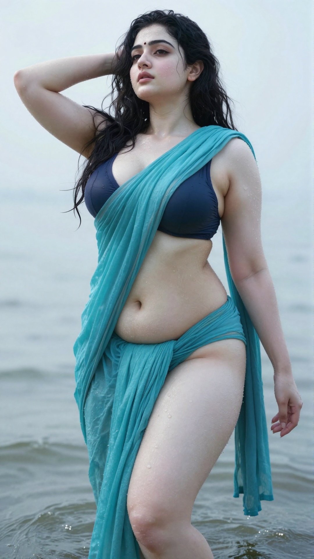 A worm’s-eye low-angle shot captures a young,  slim Mallu woman with extreme wet,  white ivory pale skin on Tensor.Art