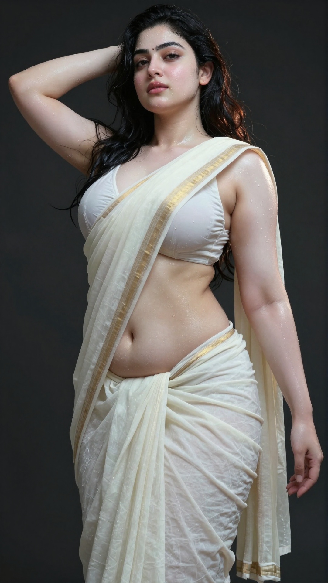 A worm’s-eye low-angle shot captures a young,  slim Mallu woman with extreme wet,  white ivory pale skin on Tensor.Art