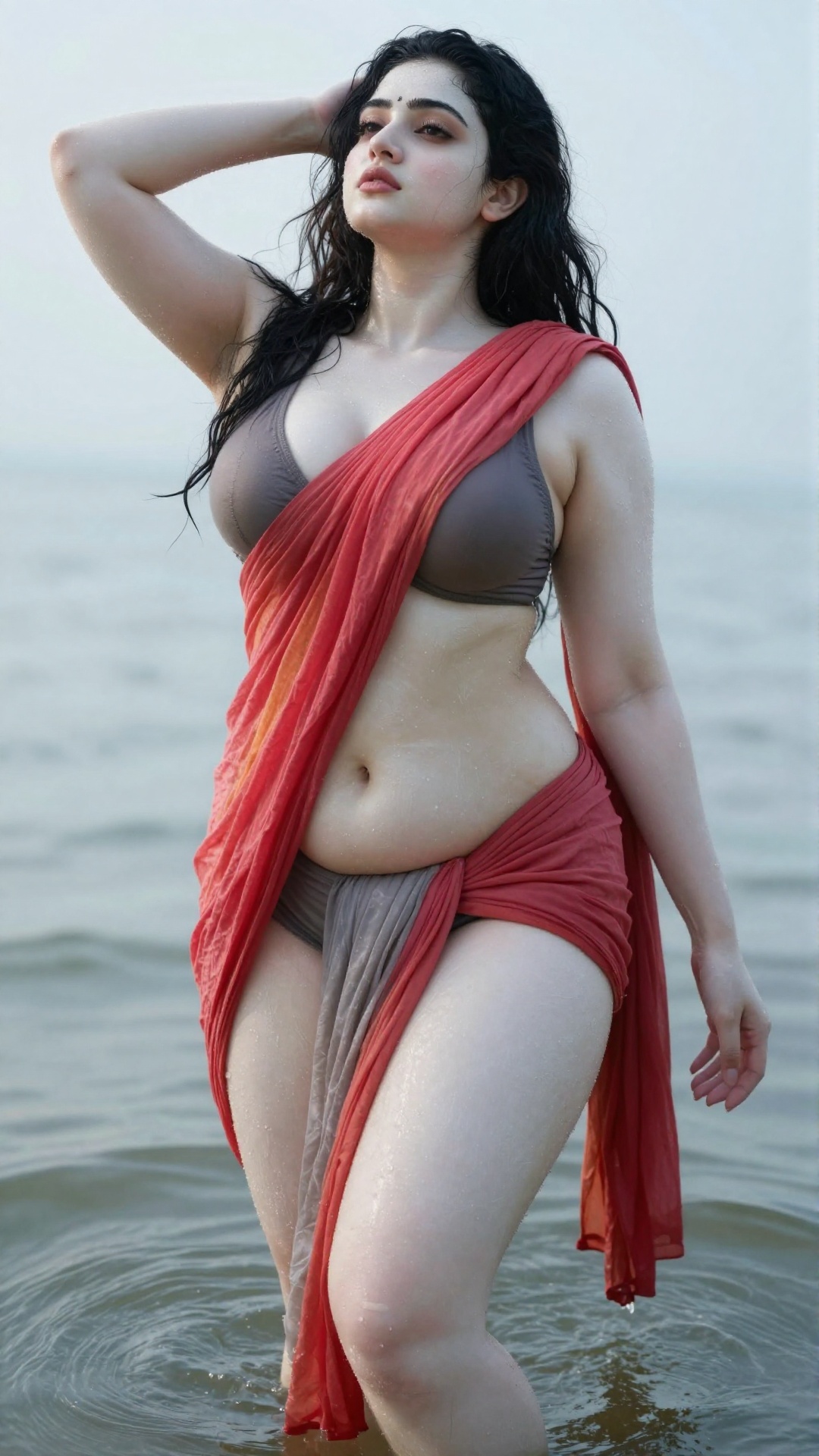 A worm’s-eye low-angle shot captures a young,  slim Mallu woman with extreme wet,  white ivory pale skin on Tensor.Art