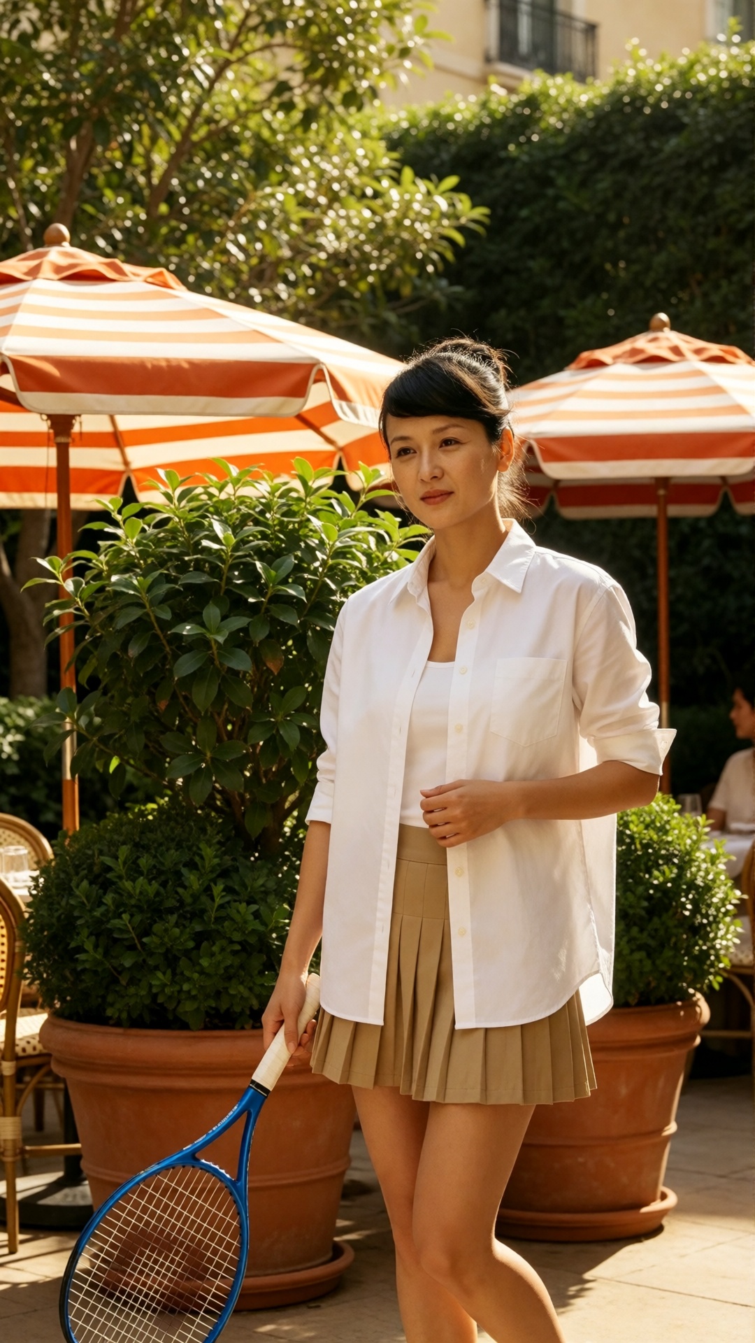 中国女孩小美,  A sun-drenched outdoor courtyard features a woman posing with a tennis racket in a relaxed,  athletic-chic ensemb...