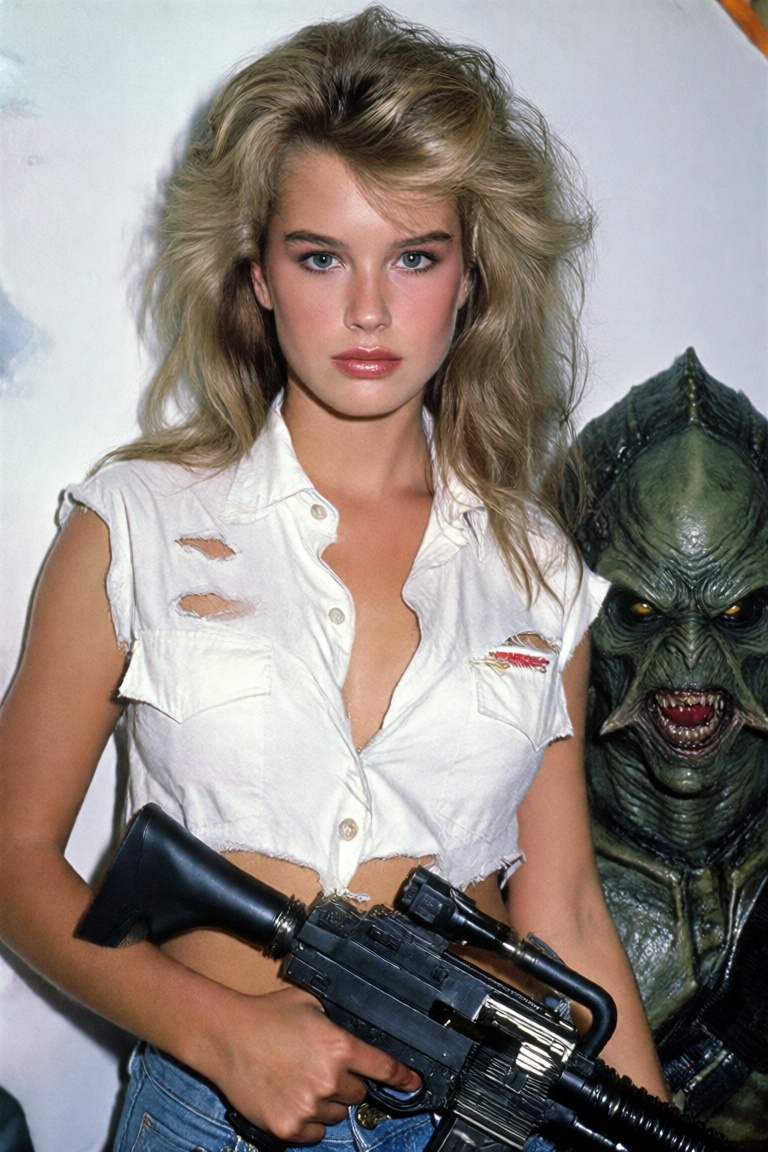 A behind-the-scenes promotional photograph from a 1986 sci-fi action B-movie. The star is a stunningly beautiful woman wit...