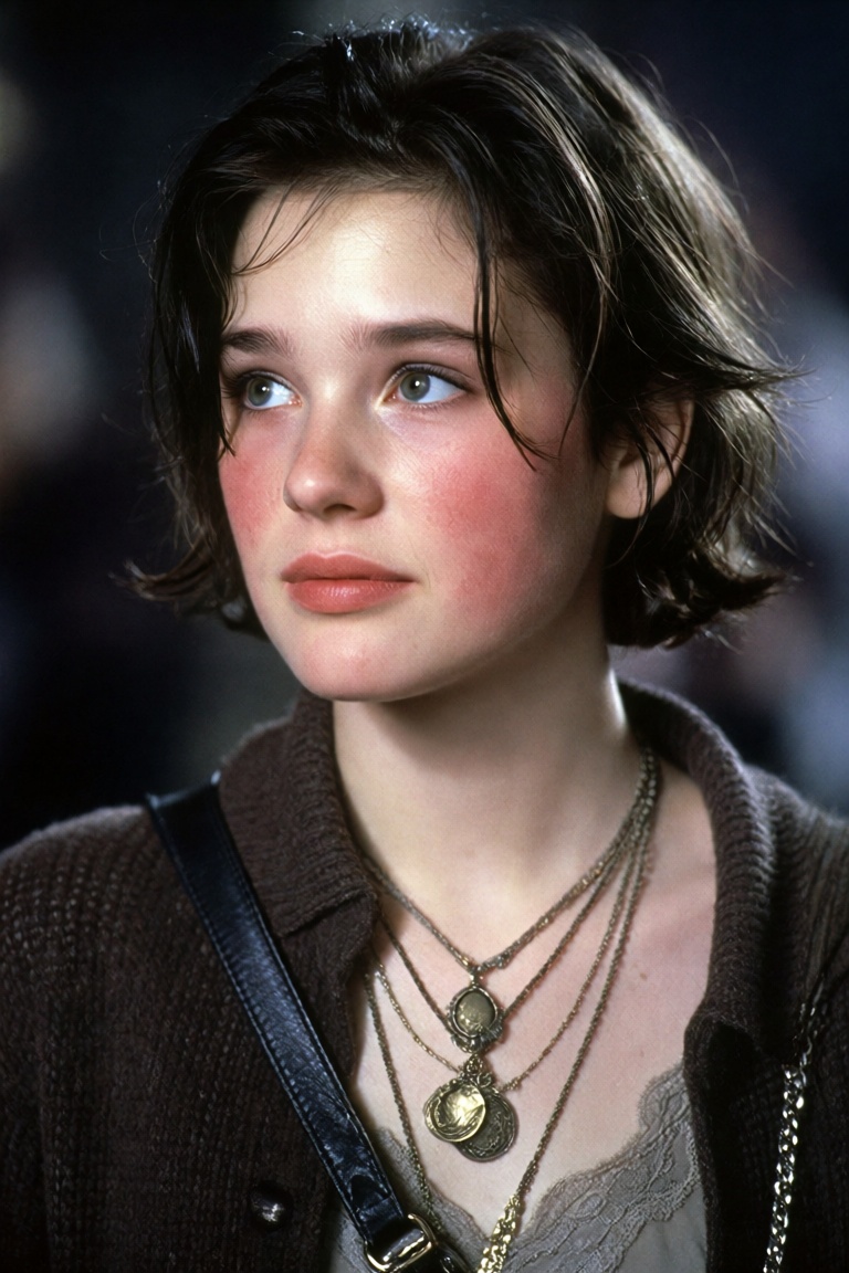 A cinematic film still of a striking young woman featuring the classic facial structure of an 80s All-American Dreamgirl,...