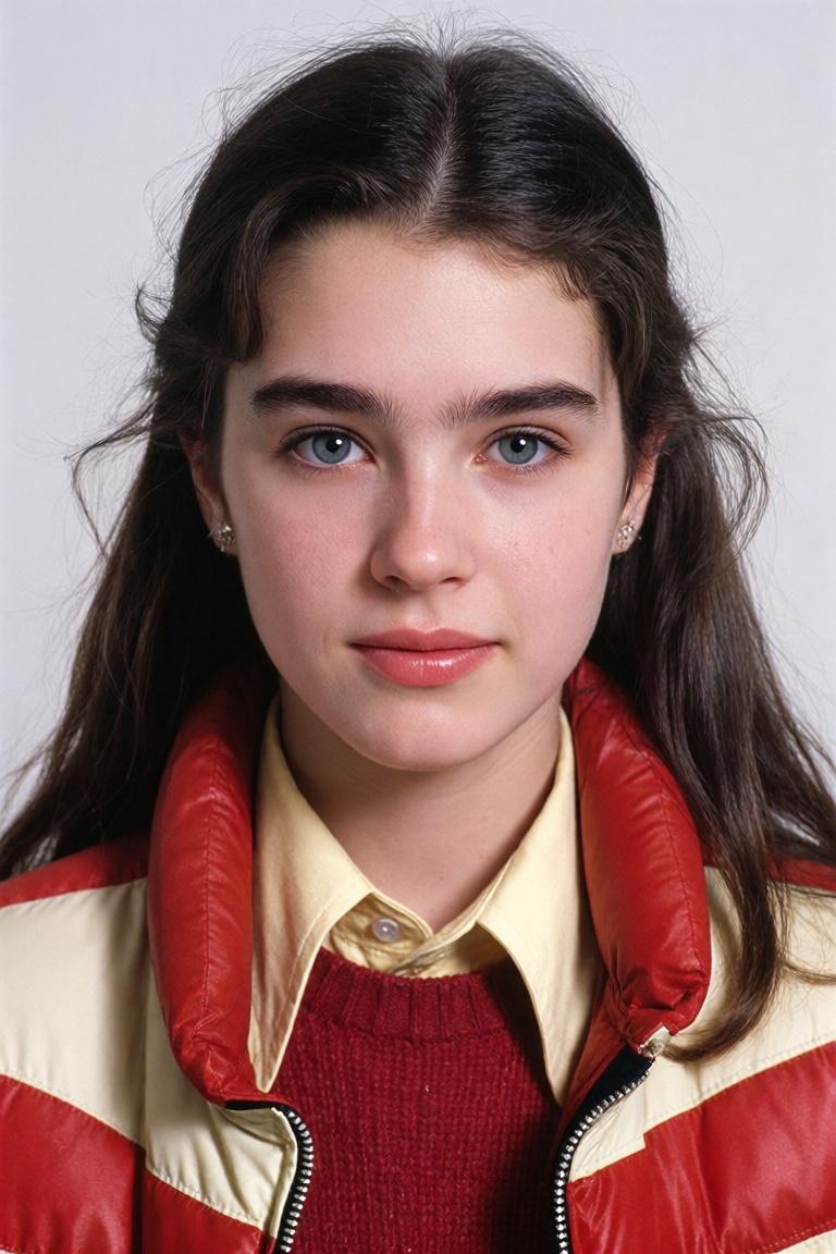 a young woman with long,  dark brown hair parted in the center and styled with soft waves framing her face gazes directly...