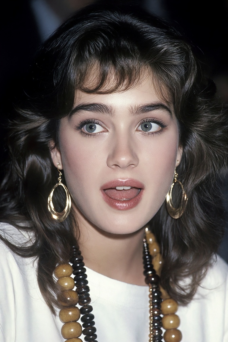 a woman with long,  wavy dark brown hair styled with soft bangs and voluminous curls framing her face is shown in a close-...