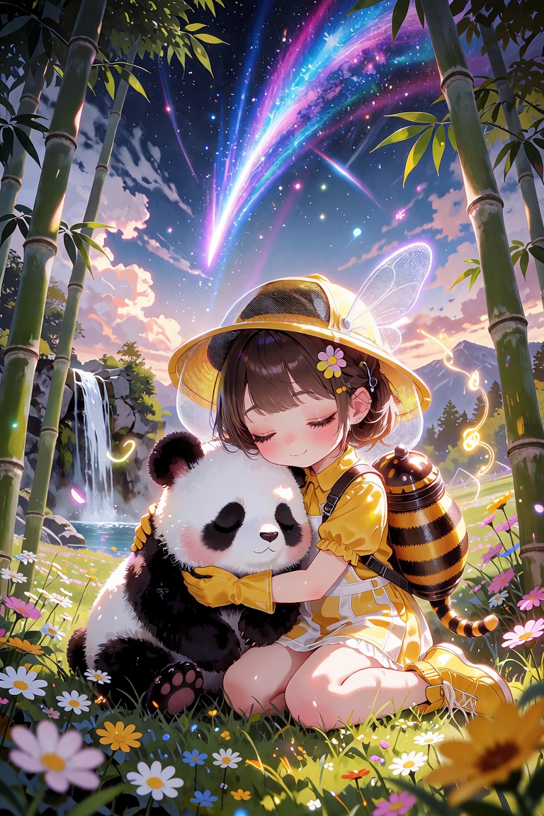 Kawaii anime girl in beekeeper outfit hugging her sleepy panda under tall bamboo trees in a flower-filled meadow,  beautif...