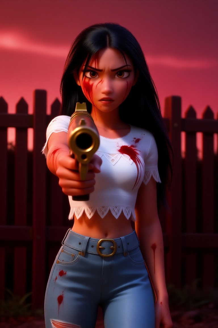 A dramatic and intense depiction of a character aiming a large,  gold-colored gun directly at the viewer. The character is...