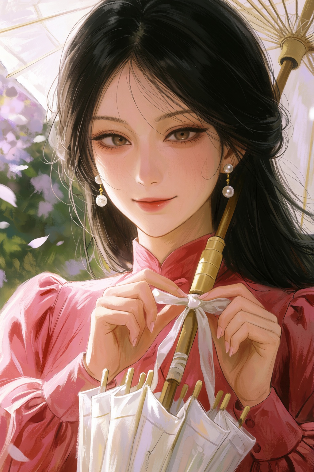 best quality,  absurdres,  A bright portrait shows a confident young woman with long black hair tying a ribbon around the...
