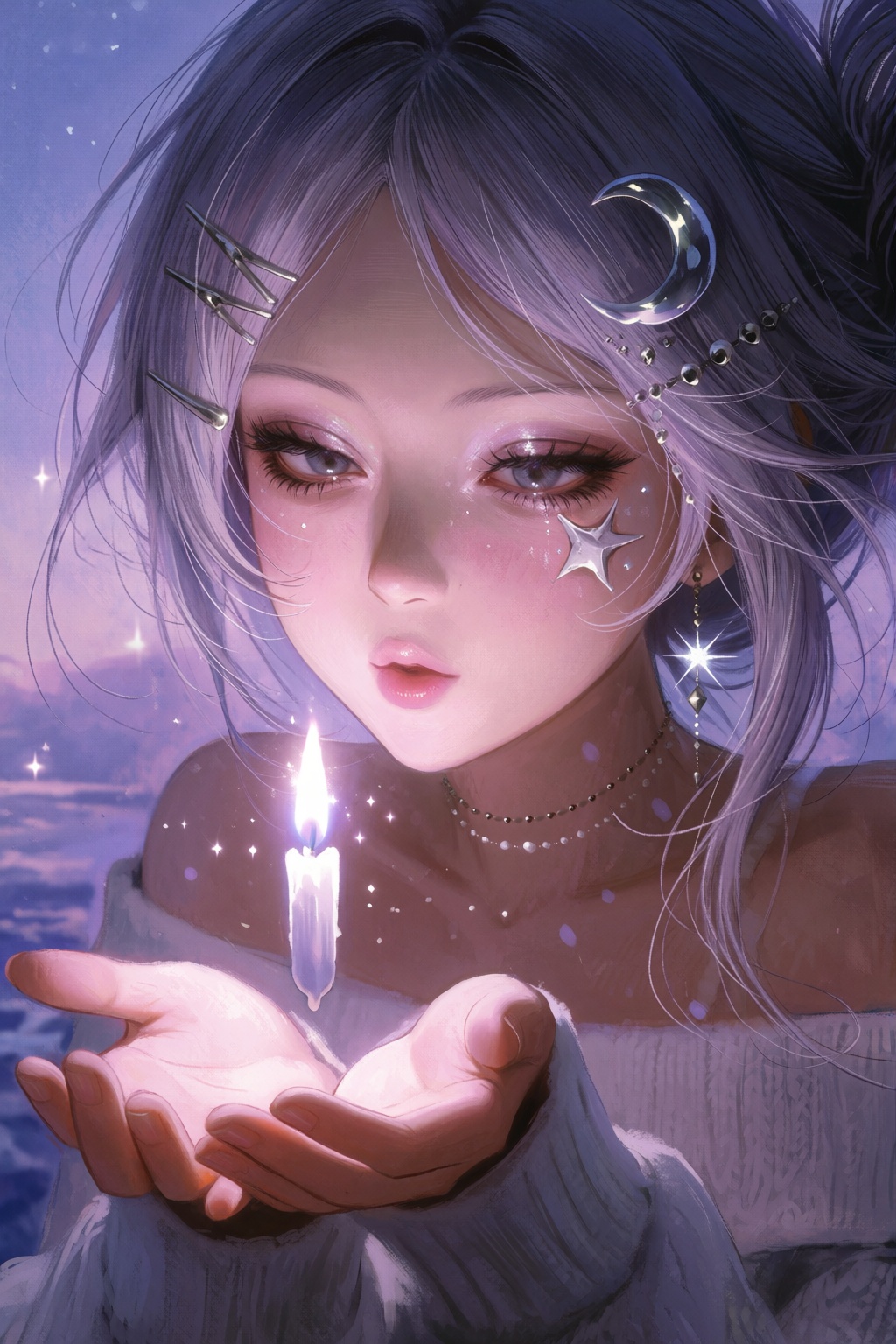 best quality,  absurdres,  A whimsical young woman with pale lavender hair is depicted blowing gently toward a small float...
