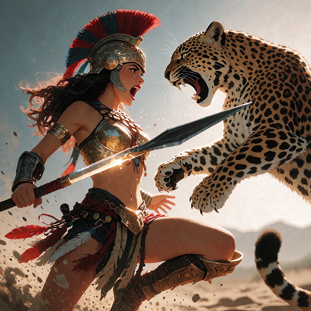 Amazon warrior woman with spear is fighting a leopard ,  bronze and brass armor ,  scratches from the leopard on the woman...