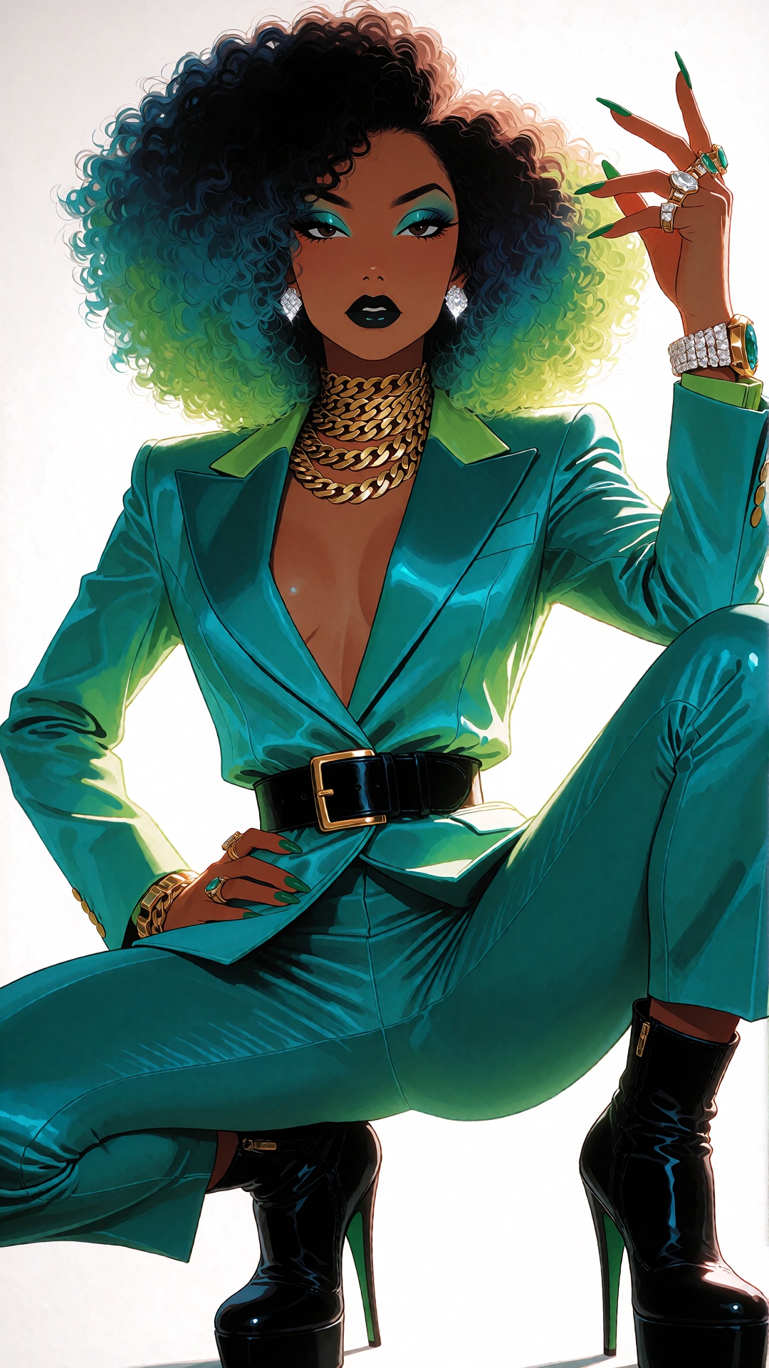 Create a masterpiece,  best quality,  ultra-detailed anime pinup illustration of a powerful villainous evil mafia boss wom...