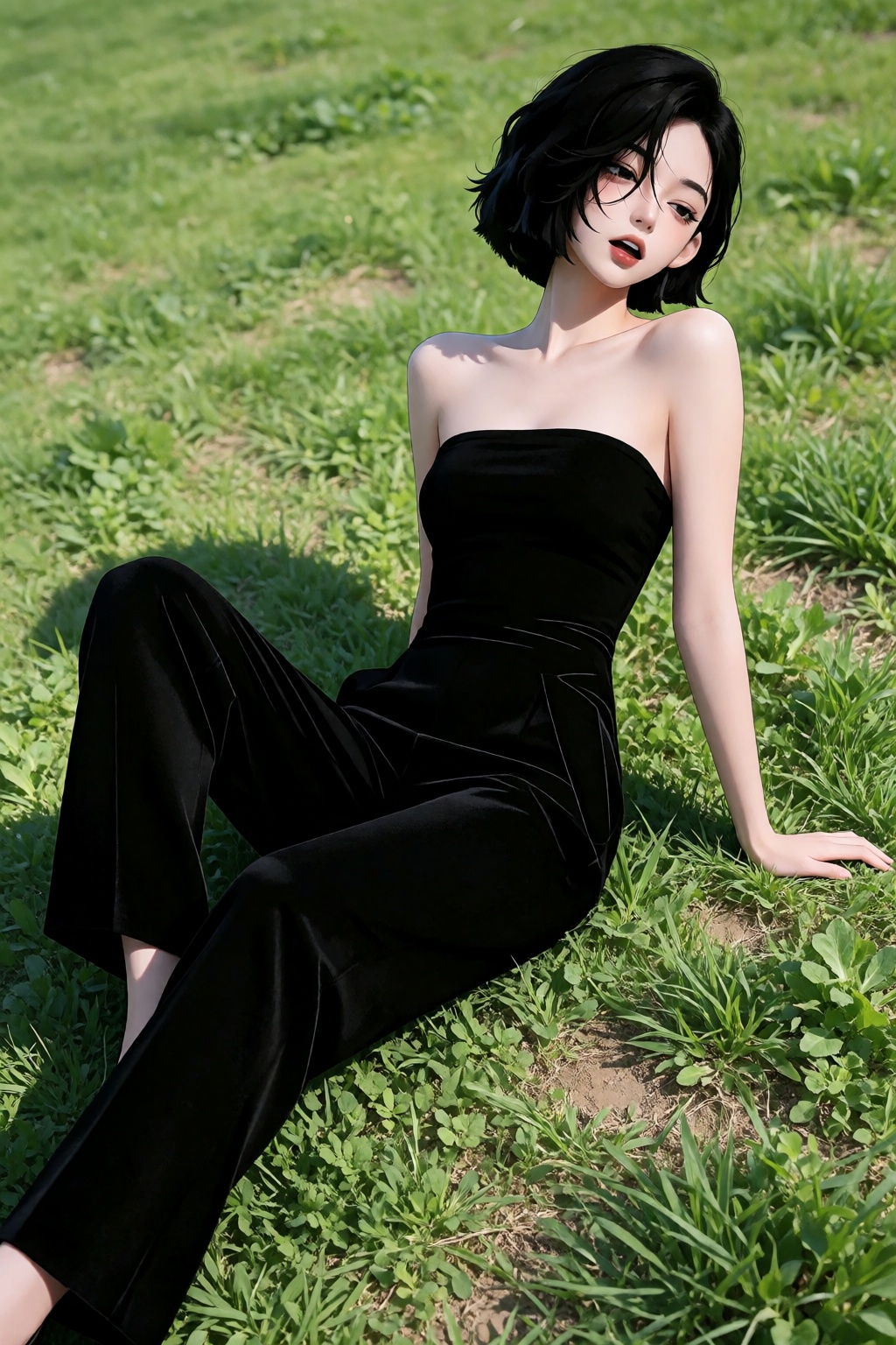 一位留着黑色短波浪卷发的少女,  静躺在一片青翠草地上。 她身着修身黑色抹胸连体裤,  与鲜绿草叶、身下零星干土形成强烈色彩反差。她姿态松弛 by 剑舞轻风 on Tensor.Art