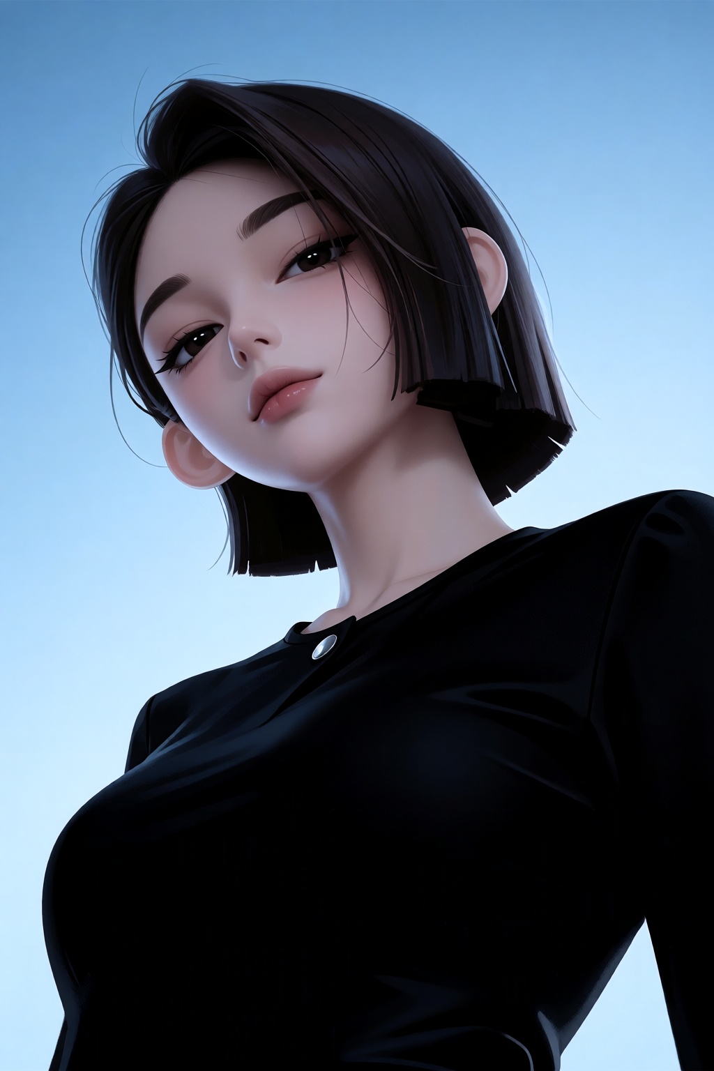 A stylized digital illustration depicts a young woman with a short dark chin-length bob haircut captured from a low-angle...