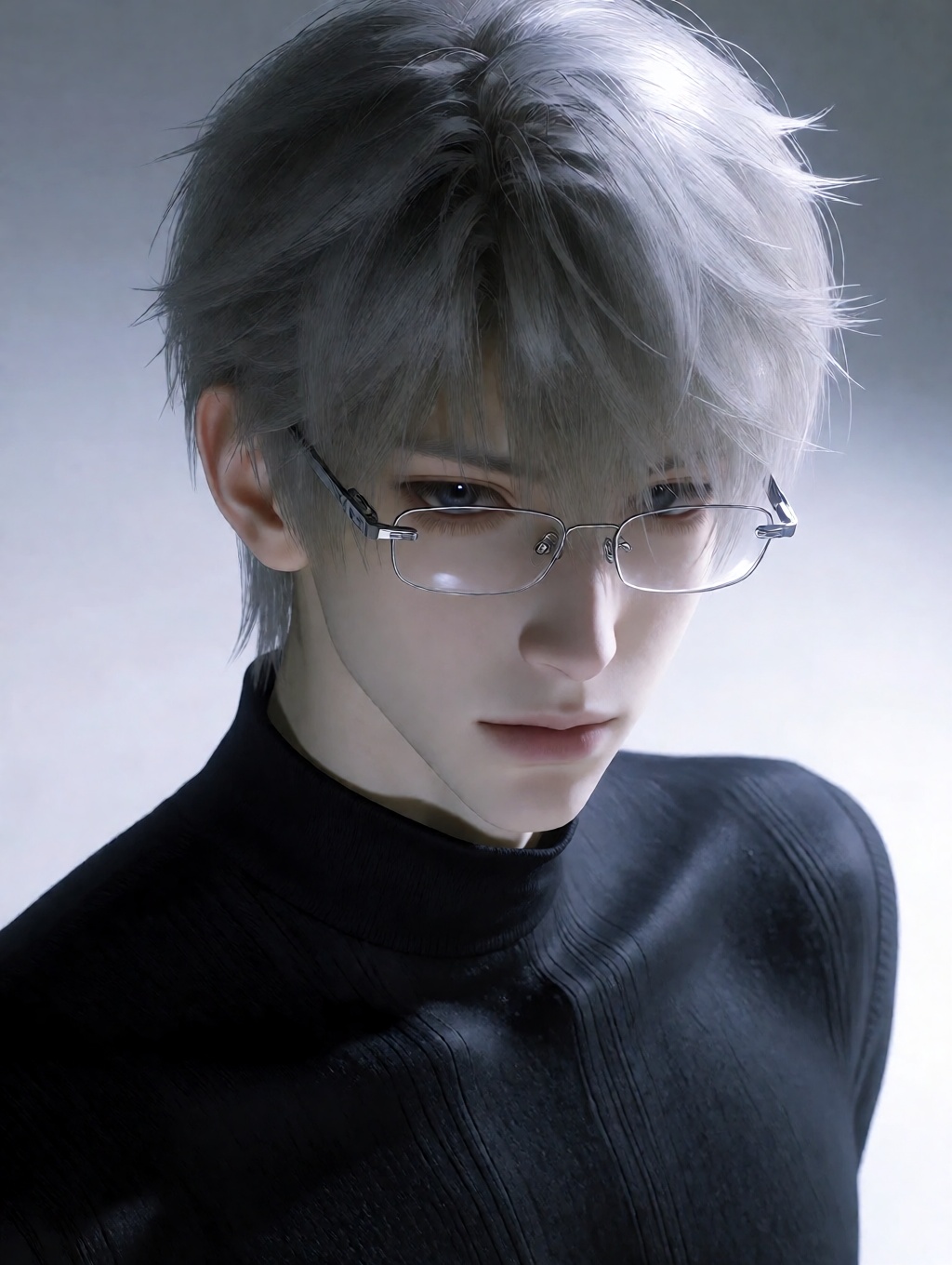 a photo-realistic portrait shoot from a portrait camera angle about a young man with short,  silver hair and glasses,  wea...