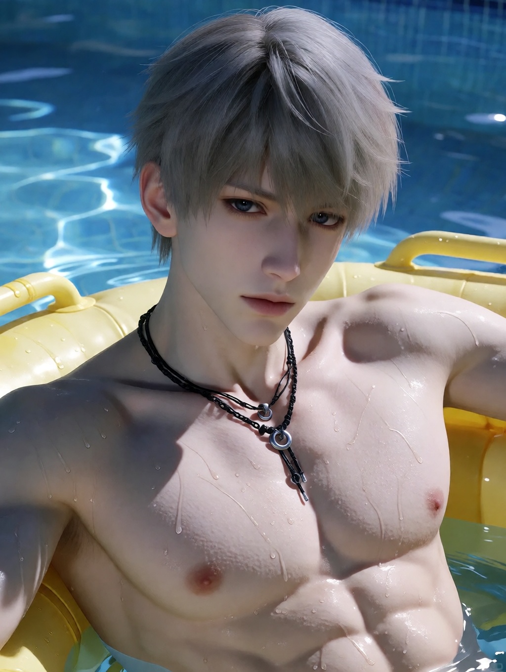 a photo-realistic shoot from a close-up camera angle about a young man with short,  light-colored hair and a neutral expre...