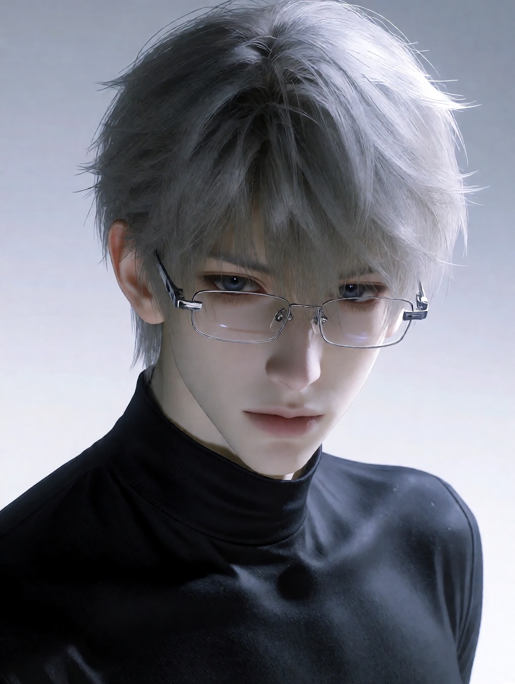 a photo-realistic portrait shoot from a portrait camera angle about a young man with short,  silver hair and glasses,  wea...