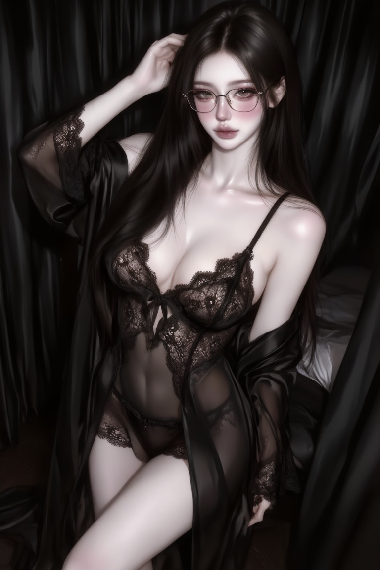 a medium-angle shot of a fair-skinned woman,  adorned with a black lace long lingerie set with robe. She is wearing a pair...