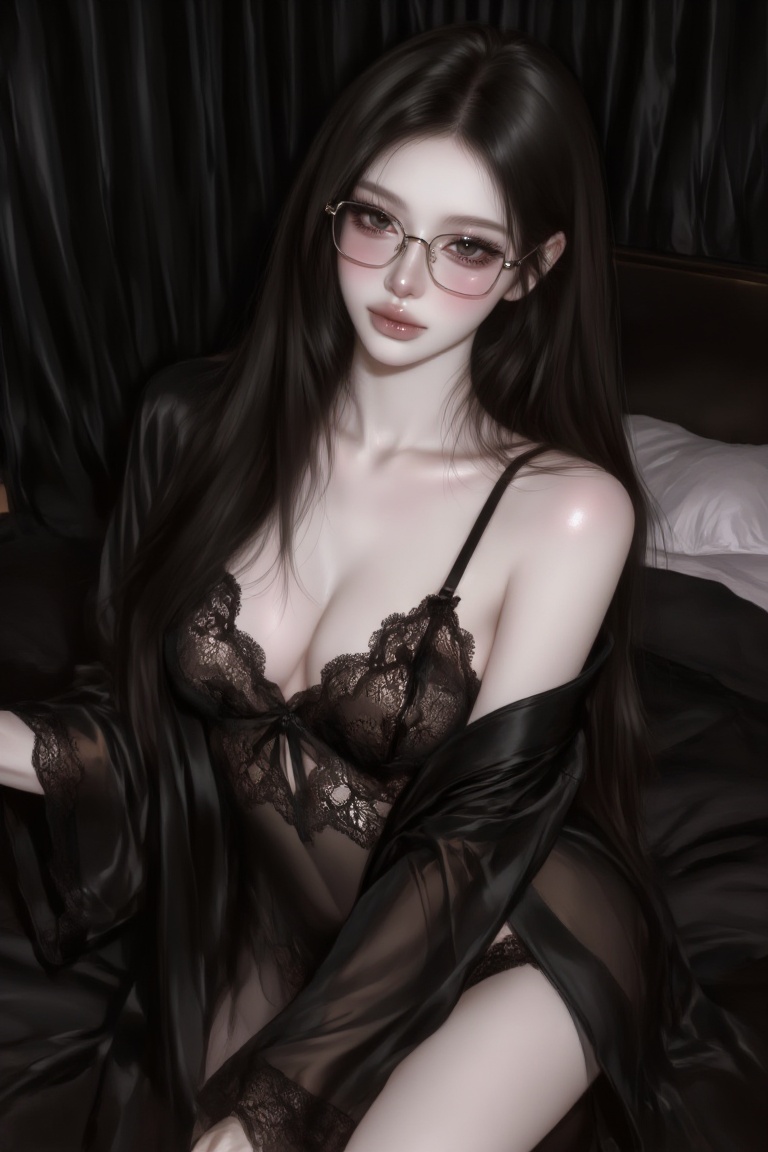 Close-up shot of a fair-skinned woman,  adorned with a black lace long lingerie set with robe. She is wearing a pair of ri...