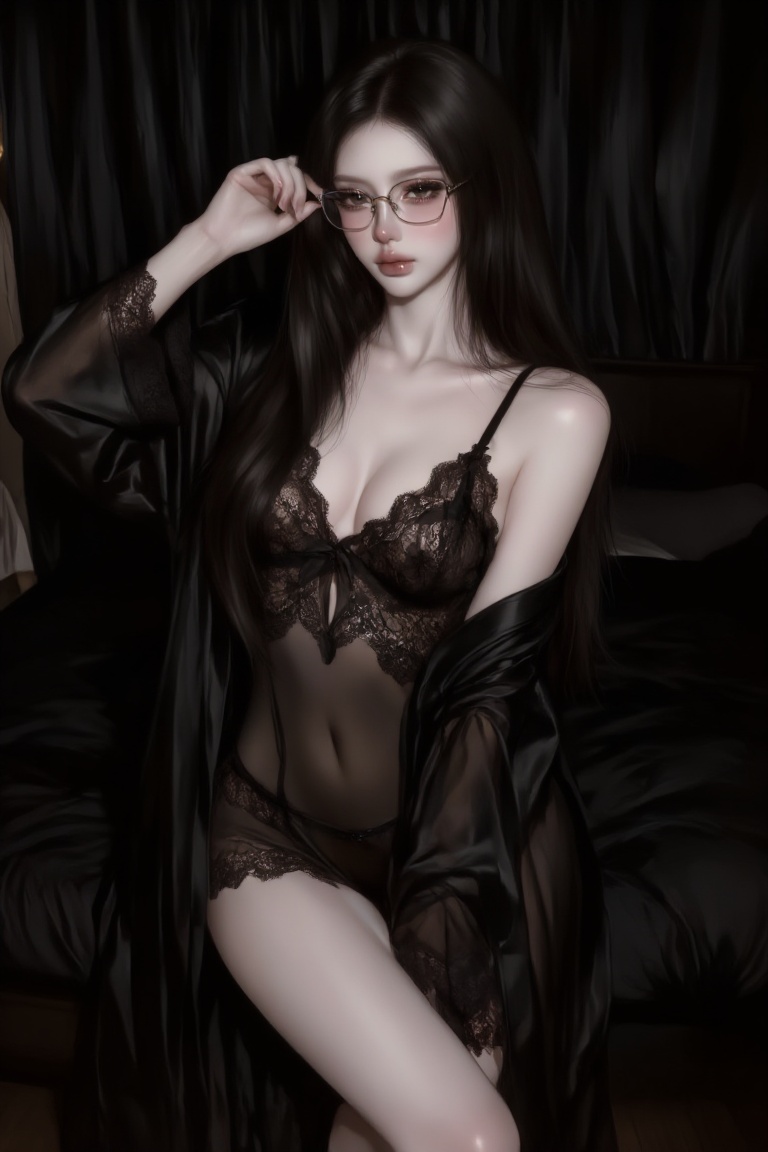 a medium-angle shot of a fair-skinned woman,  adorned with a black lace long lingerie set with robe. She is wearing a pair...