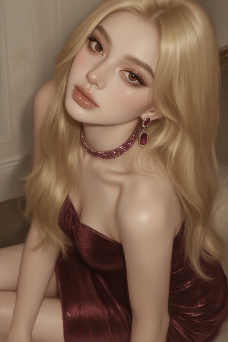 Captured from a high,  downward angle,  this portrait features a young American woman gazing upward toward the viewer with...