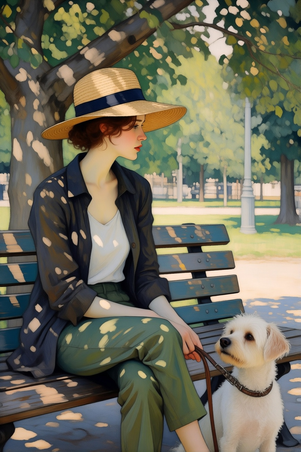 kydigitalillustration5k2e2. On the left is a woman sitting quietly on a weathered teal park bench under the dappled shade...