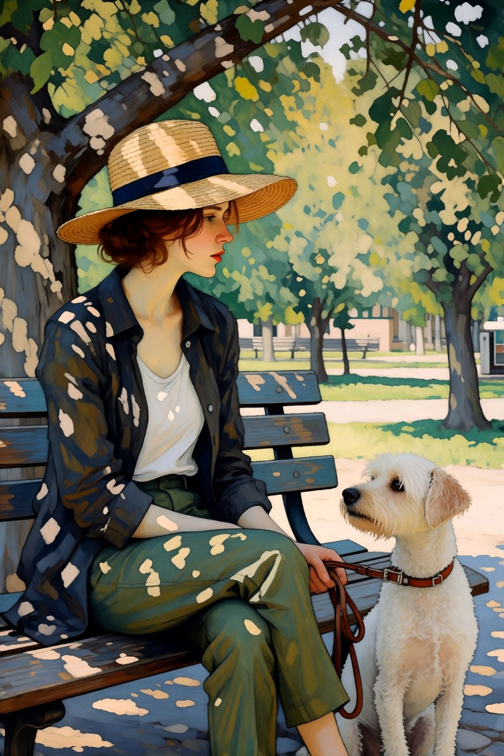 kydigitalillustration5k2e2. On the left is a woman sitting quietly on a weathered teal park bench under the dappled shade...