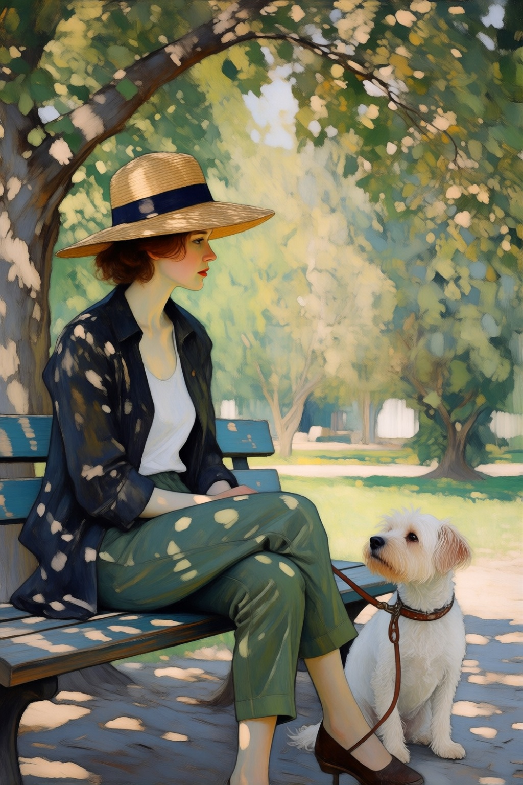 kydigitalillustration5k2e6. On the left is a woman sitting quietly on a weathered teal park bench under the dappled shade...