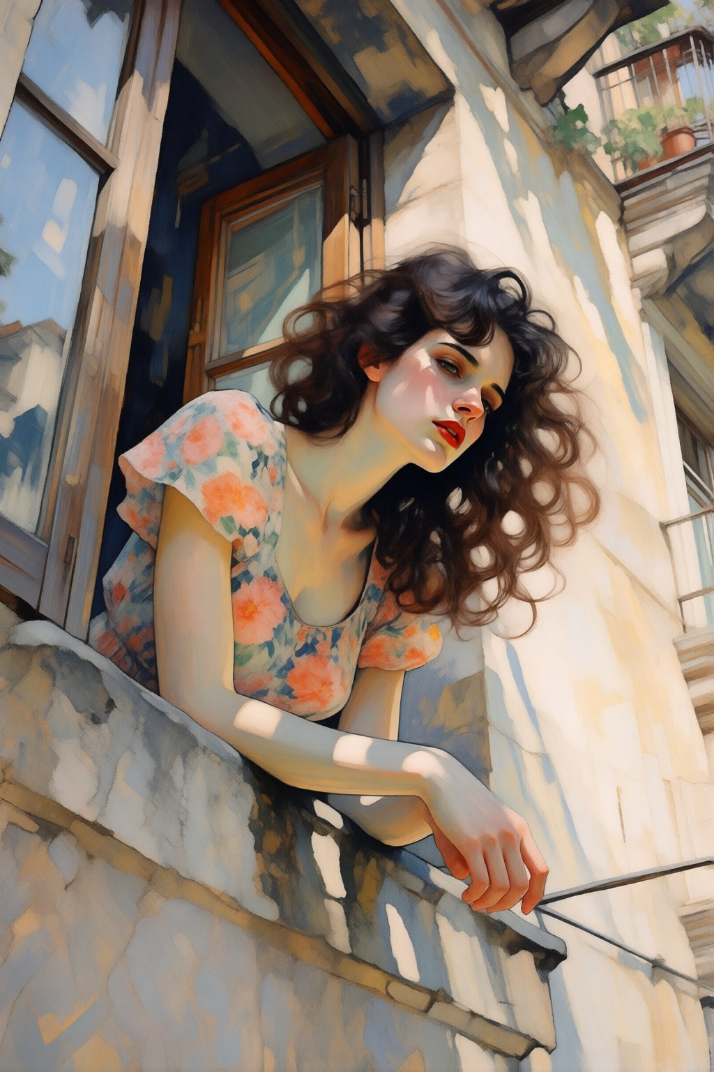 kydigitalillustration5k2e6. Low-angle view of an Italian woman,  shown in 3/4 view,  with voluminous on Tensor.Art