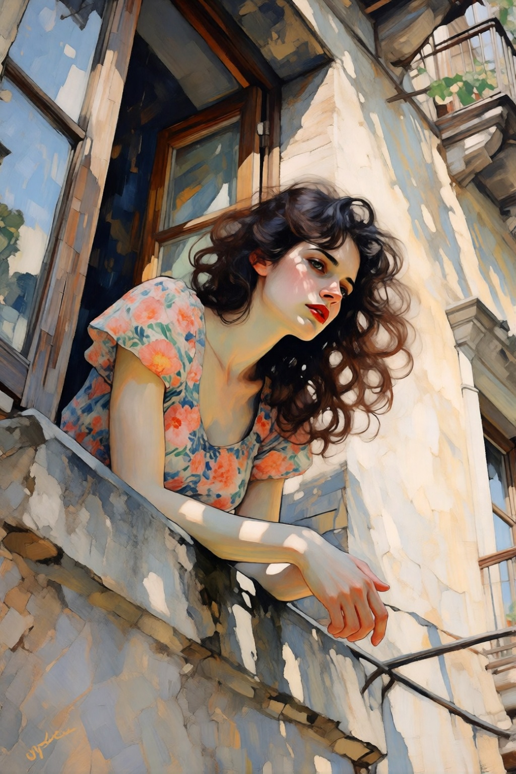 kydigitalillustration5k2e6. Low-angle view of an Italian woman,  shown in 3/4 view,  with voluminous on Tensor.Art