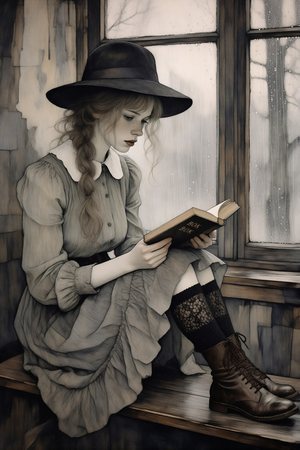 kydigitalillustration5k2e6. Low-angle medium shot a young woman shown in 3/4 profile,  with freckles sitting on a wooden w...
