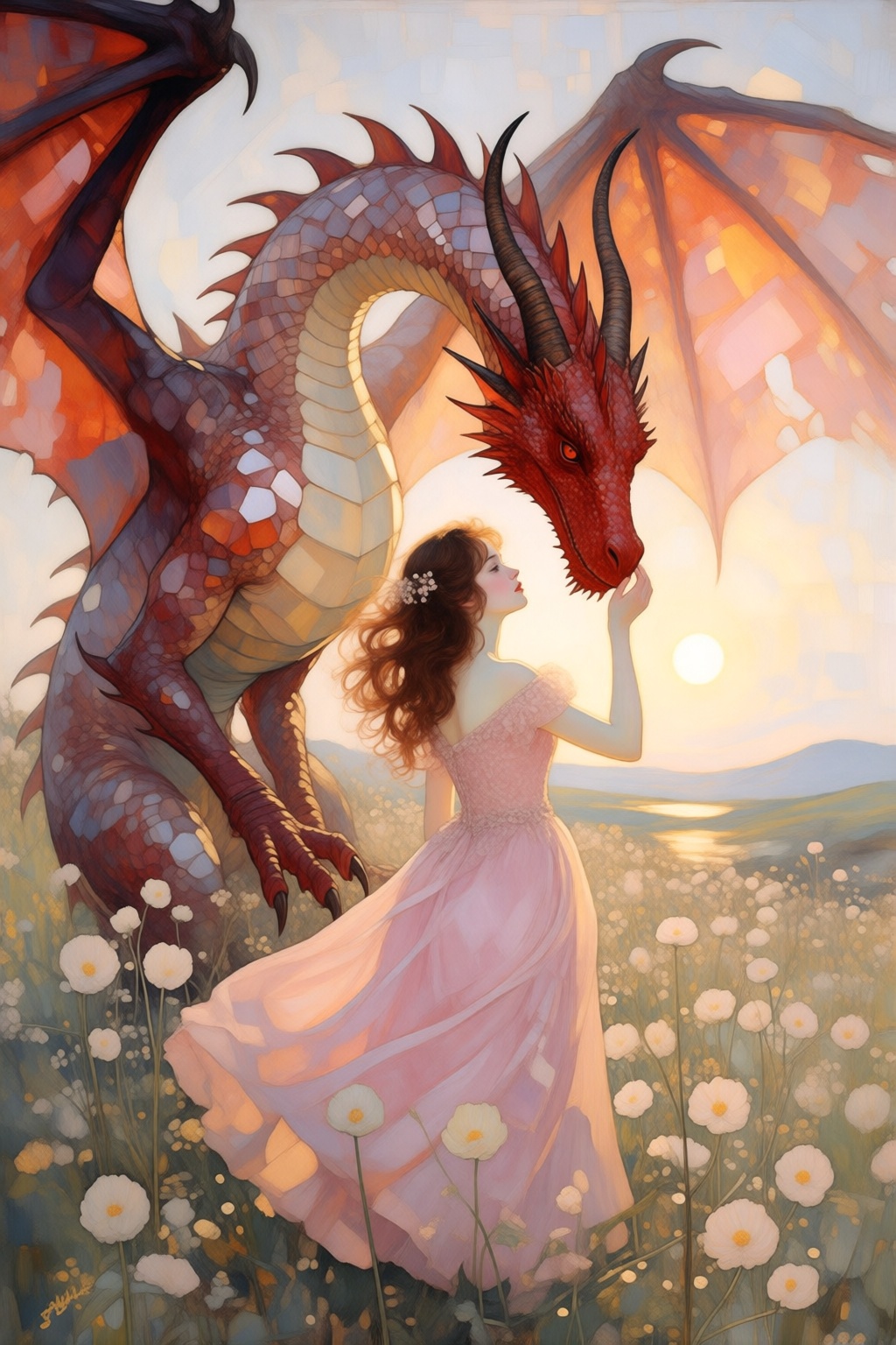 kydigitalillustration5k2e6. Full-body shot depicts a young woman with long,  wavy brown hair in a flowing pink gown,  reac...