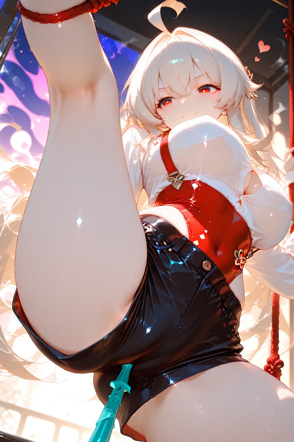 A slender woman dressed in a playful,  yet fierce attire,  her eyes sparkling with cheerful determination as she swings a...