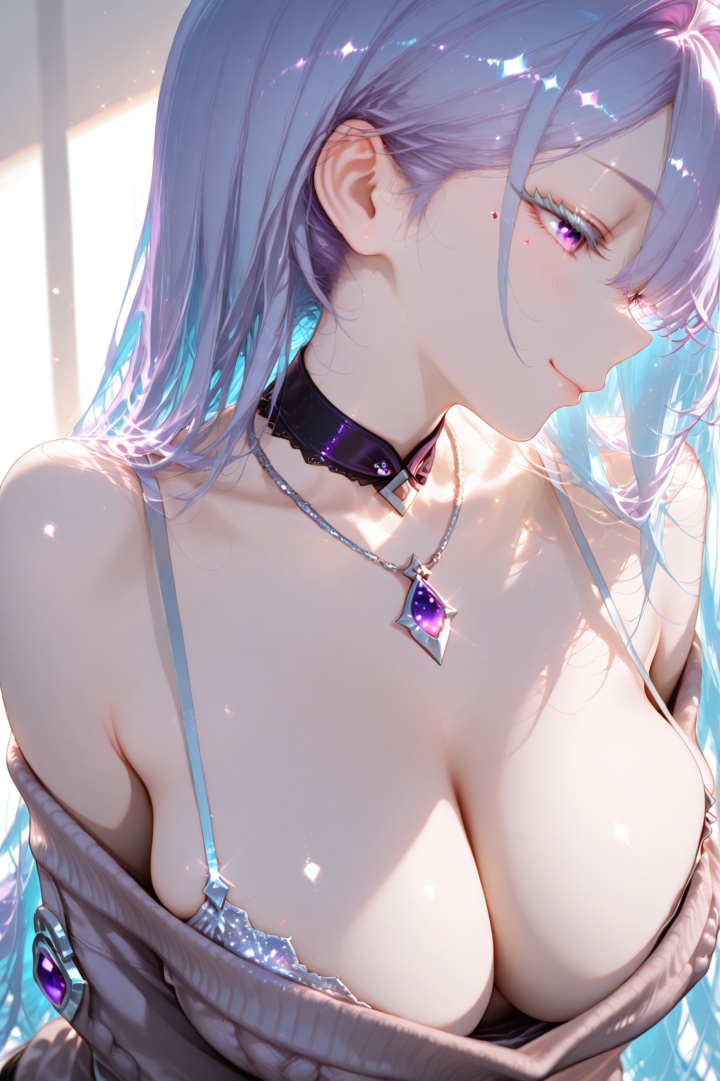1woman solo half body light blue hair with pink ends,  ((very long hair)),  (amethyst purple eyes) on Tensor.Art