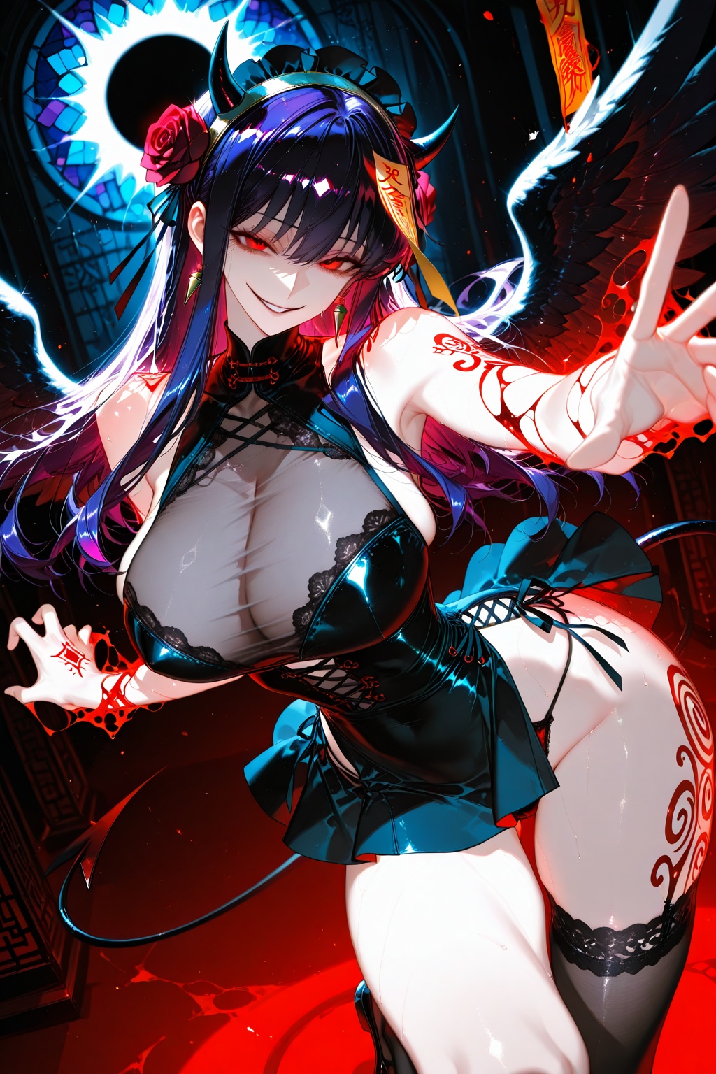 devil-inspired gothic lolita fashion,  black ivory and deep crimson palette,  red rose lace headdress on Tensor.Art
