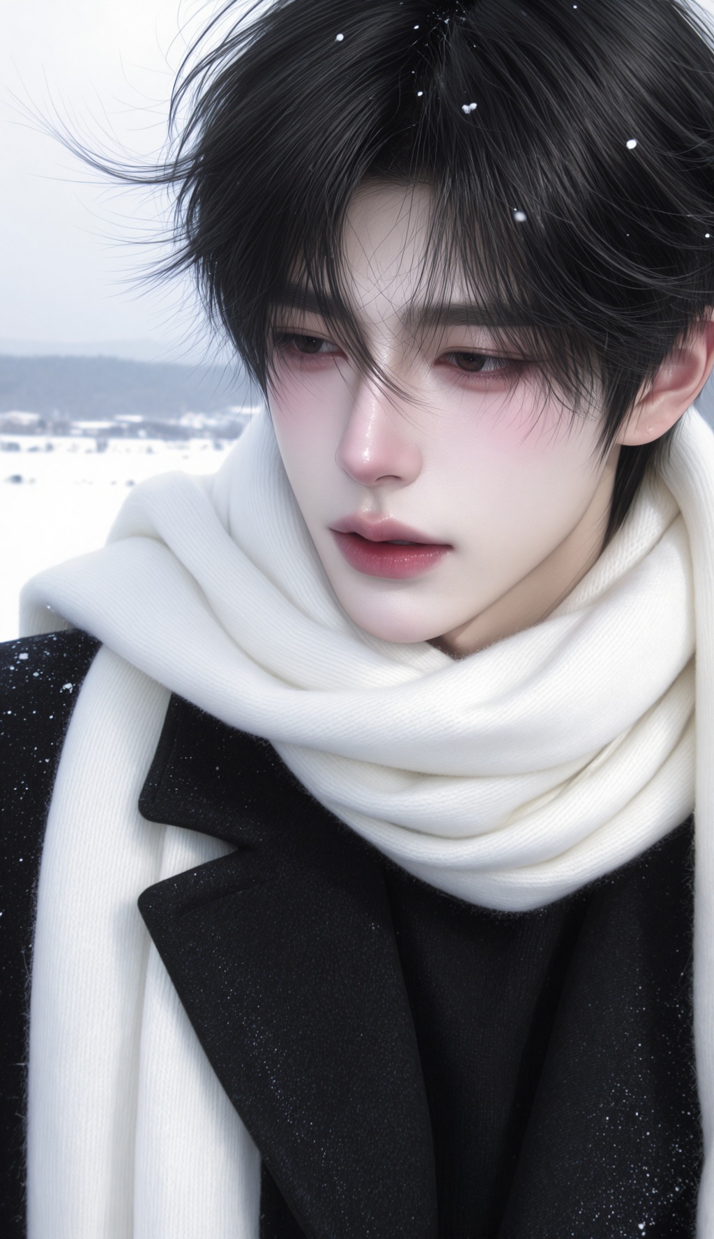 cinematic winter portrait,  a handsome young East Asian man standing outdoors during a soft snowfall,  sharp masculine fac...