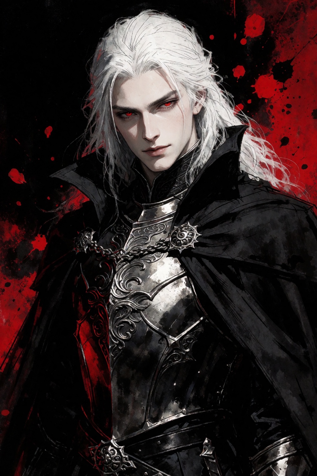 A striking gothic portrait of an elegant young man with flowing,  long white hair and sharp crimson eyes,  looking directl...