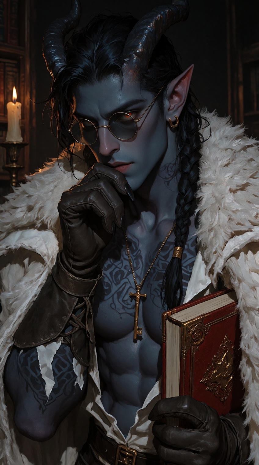 A moody,  vertical digital painting of a handsome male demon scholar with dark blue-grey skin. He has curved black horns,...