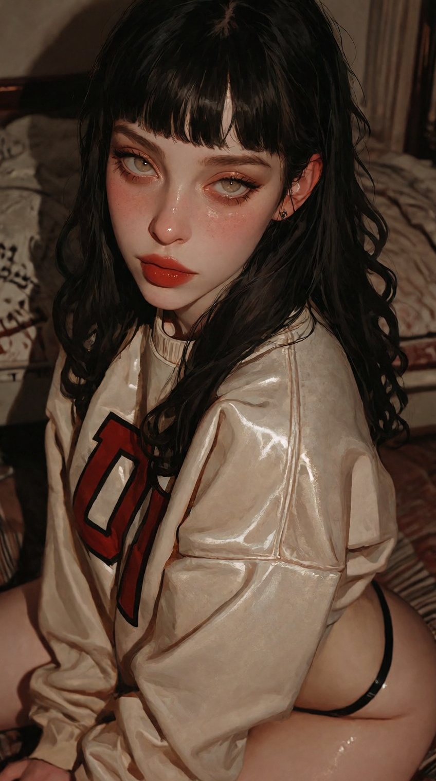 A moody digital illustration with a soft,  semi-realistic painterly style. A young woman with long,  wavy dark hair and sh...